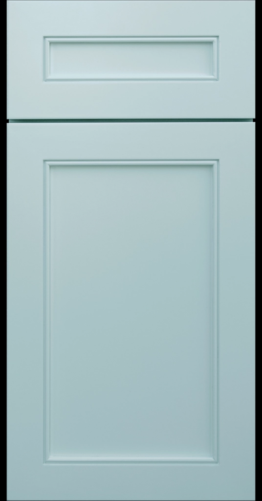 Alpine-style mitered shaker cabinet in Niebla Azul with a flat center panel and inside bead detail.